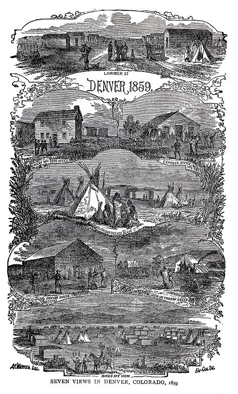 科罗拉多州丹佛市的七景木刻，1859年