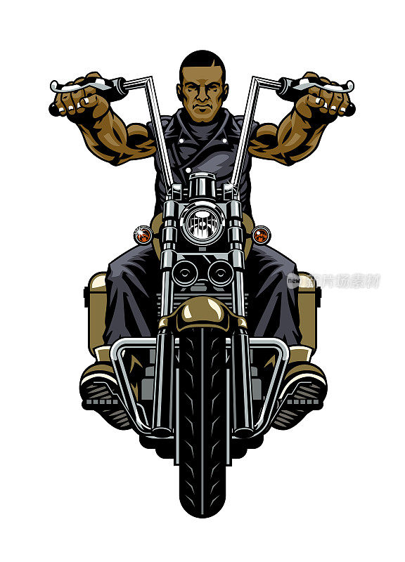 黑人骑老式摩托车在前视图