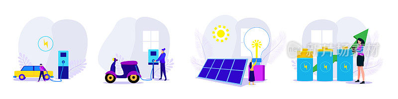 绿色能源插图套装。现代生态私人住宅与太阳能电池板和智能家居技术。充电站附近的电动汽车。可再生能源概念。