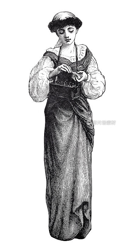 一个年轻的女人拿着一个悬挂的托盘在卖小瓶子里的液体药品或美容产品，全长，白色背景