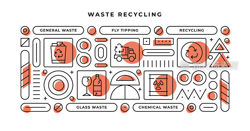 废物回收信息图表概念与几何形状和一般废物，飞倾倒，回收，玻璃废物线图标
