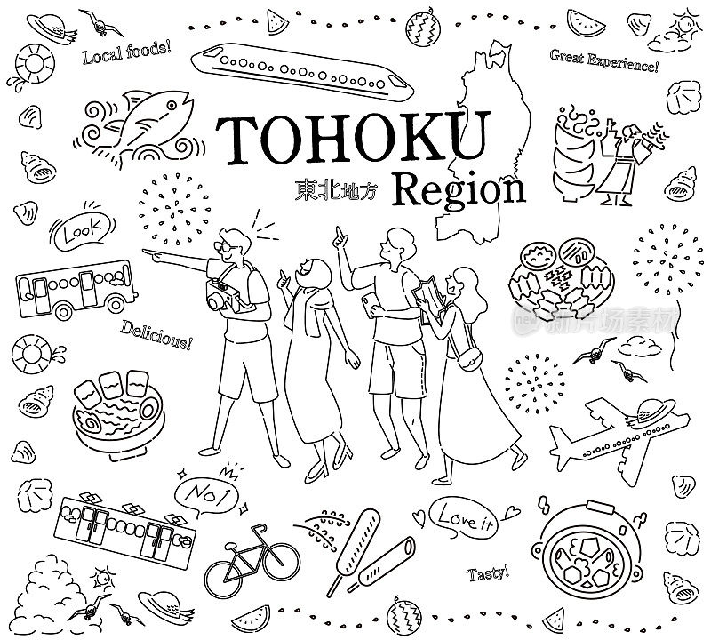 在日本东北地区享受夏季美食旅游的游客，一组图标(黑白线条画)