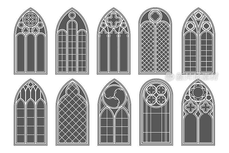 哥特式教堂的窗户。矢量建筑用玻璃拱起。古城堡和大教堂的框架。中世纪染色室内设计。的插图