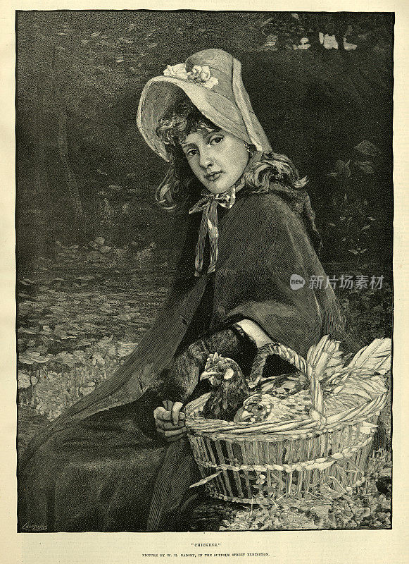 一个女孩用篮子带着她的鸡去市场的肖像，维多利亚艺术，19世纪