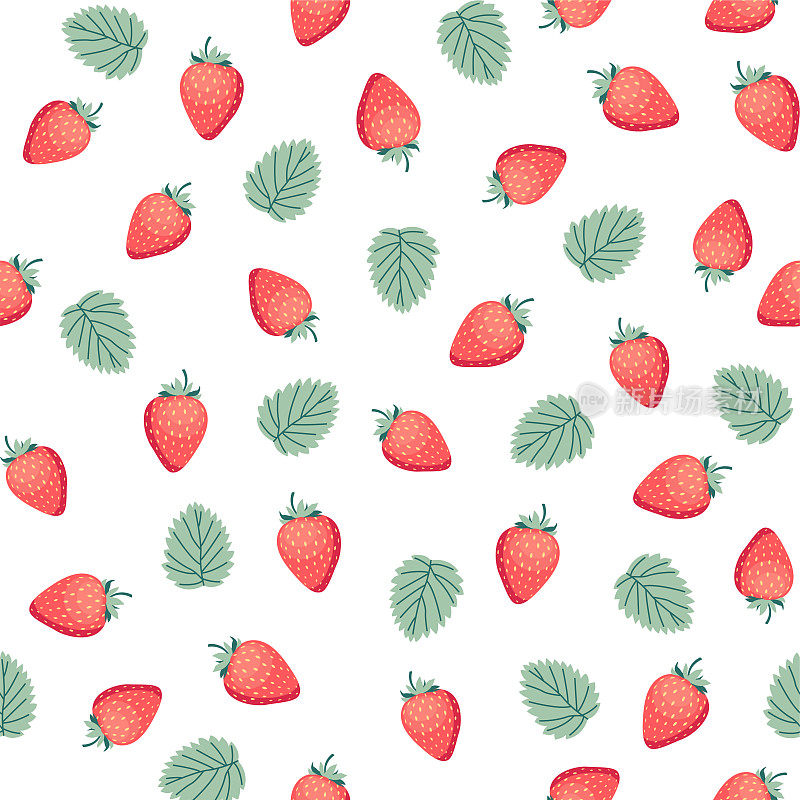 无缝矢量模式与红色草莓和叶子在白色的背景在平面风格。