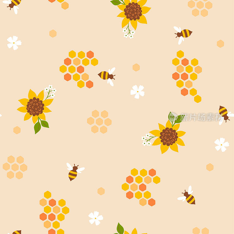 无缝模式与蜜蜂，花朵和蜂巢。矢量图形。