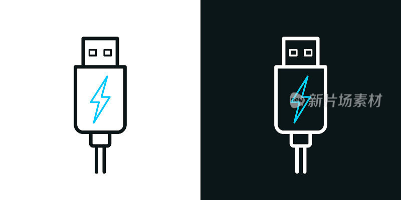 USB充电插头。黑色或白色背景上的双色线图标-可编辑的笔画