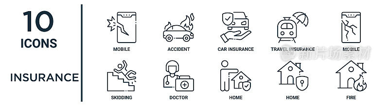 保险大纲图标集包括细线移动，汽车保险，移动，医生，家庭，火灾，滑动图标的报告，演示，图表，网页设计