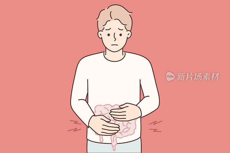 由于营养不良或快餐中毒，男子把手放在肚子上，感觉肠道疼痛