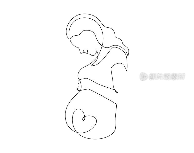 孕妇在一个连续的线条画。健康怀孕和出生宝宝的标志在简单的线性风格。母亲节快乐的概念。可编辑的中风。涂鸦轮廓矢量插图