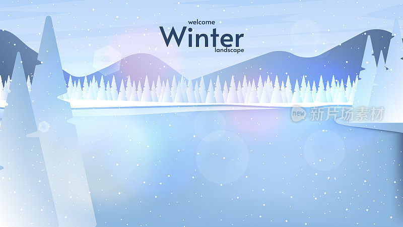 矢量插图。蓝蓝的山，冬天的雪景与道路，树在背景。设计墙纸，横幅。