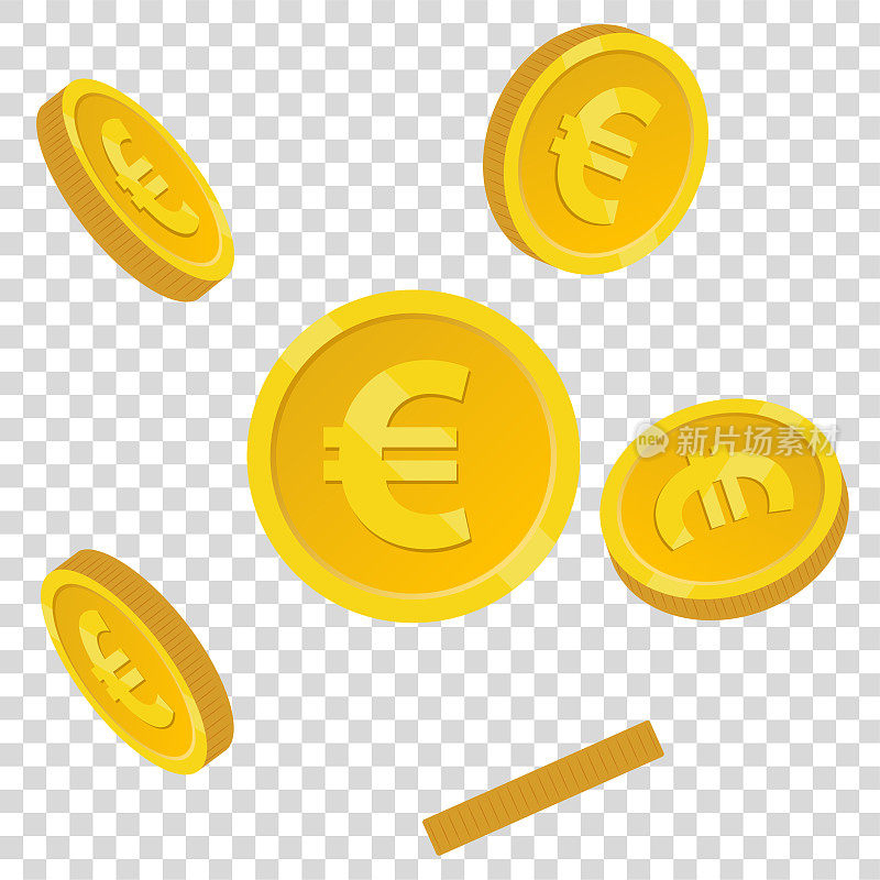 透明背景的欧元硬币。