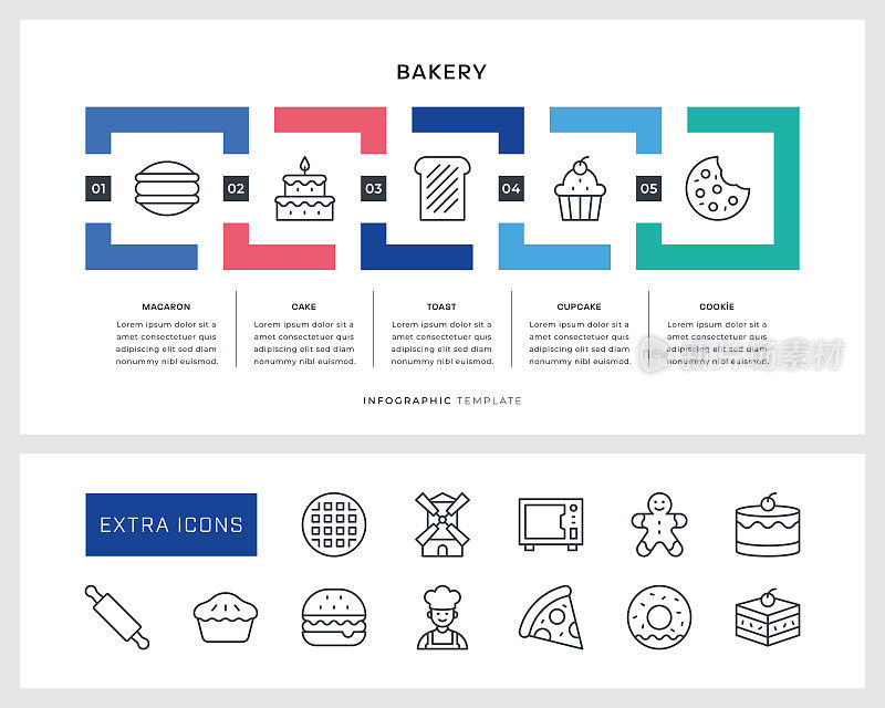面包店信息图表模板和线条图标