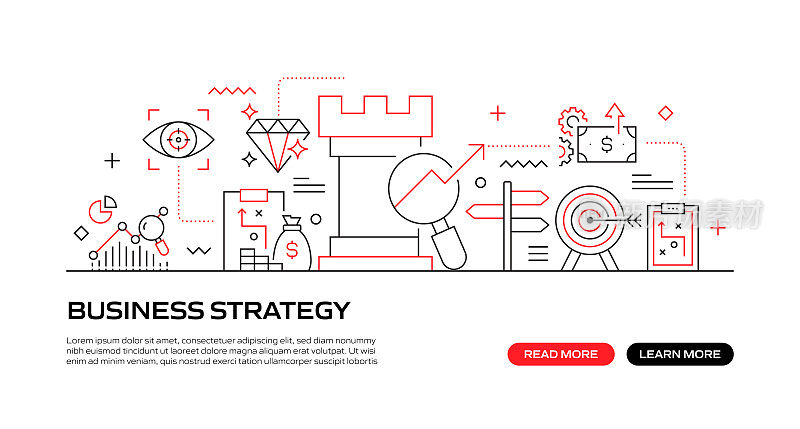 商业战略网络横幅与线性图标，新潮的线性风格向量