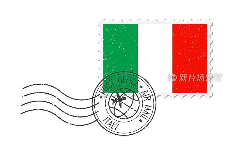 意大利垃圾邮票。复古明信片矢量插图与意大利国旗隔离在白色背景上。复古的风格。