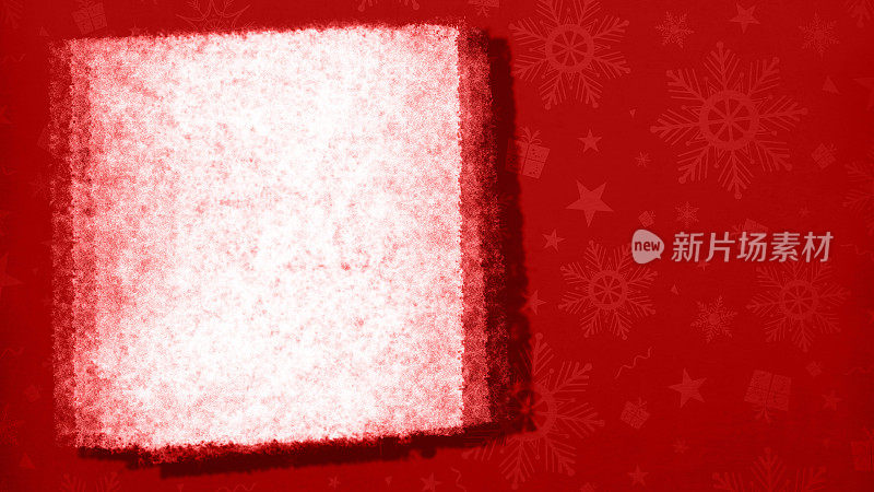 银白色的彩色潦草的创意笔画空白标签在暗红色栗色横向节日圣诞背景贺卡，海报和横幅模板与雪花，漩涡和星礼盒作为微弱的水印