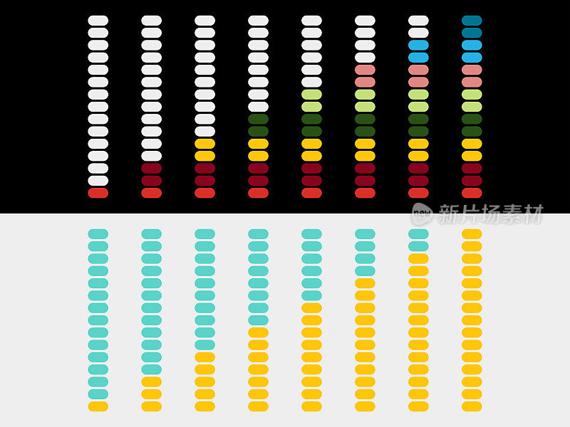 矢量声音音量进度条的水平指示与颜色编码标签收集设计元素在黑色和白色的背景