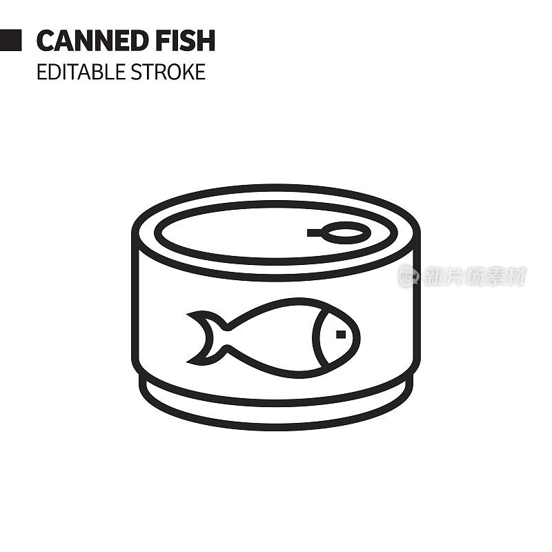 罐头鱼线图标，轮廓矢量符号插图。完美像素，可编辑的描边。