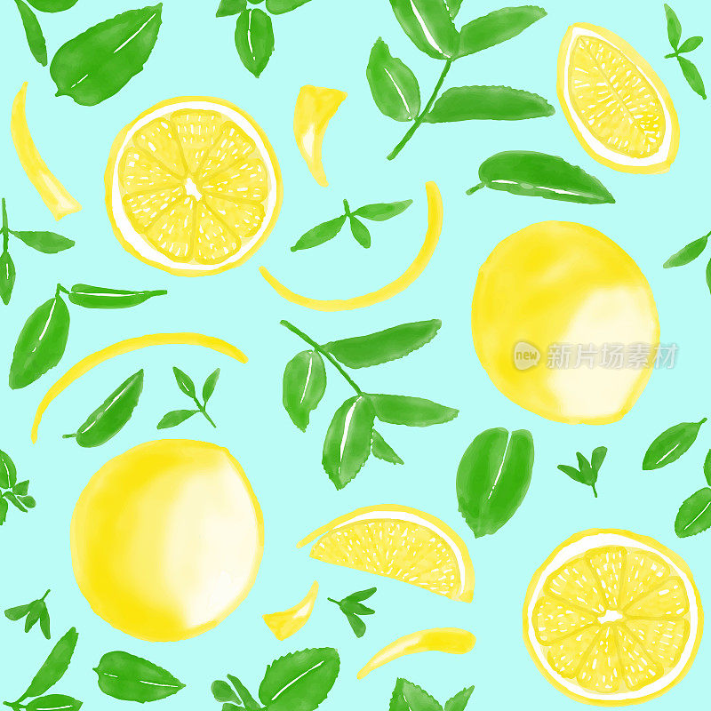 水彩手绘柠檬和新鲜薄荷叶无缝图案。春、夏概念背景。