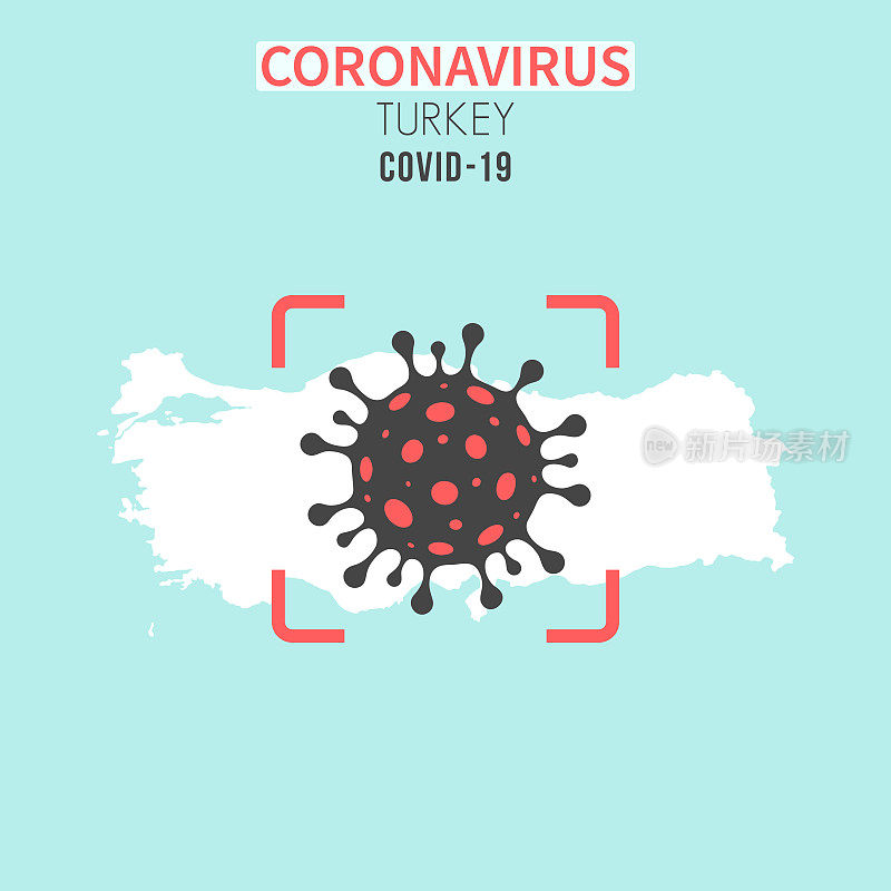 土耳其地图，红色取景器中有冠状病毒细胞(COVID-19)