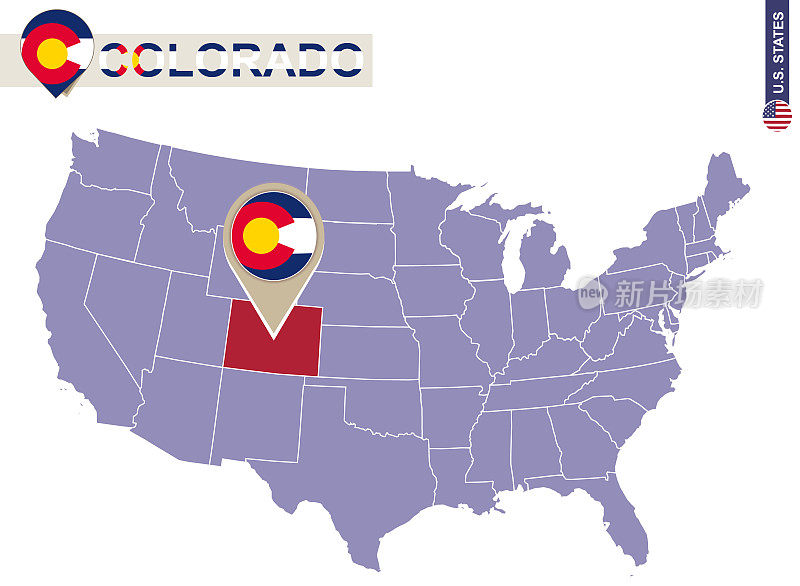 美国地图上的科罗拉多州。科罗拉多旗和地图。