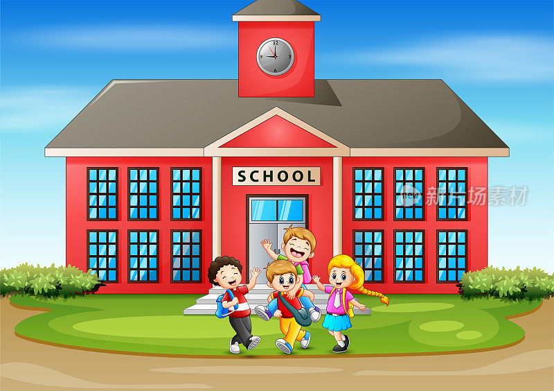 许多孩子在学校前面玩得很开心