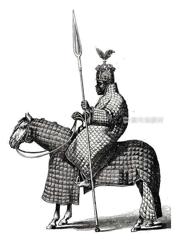 波努骑兵，骑在马上，手持长矛侧视