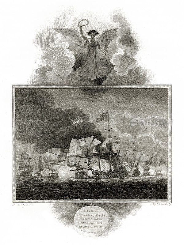 古董，皇家海军击败荷兰舰队，英国维多利亚时代版画，1806年