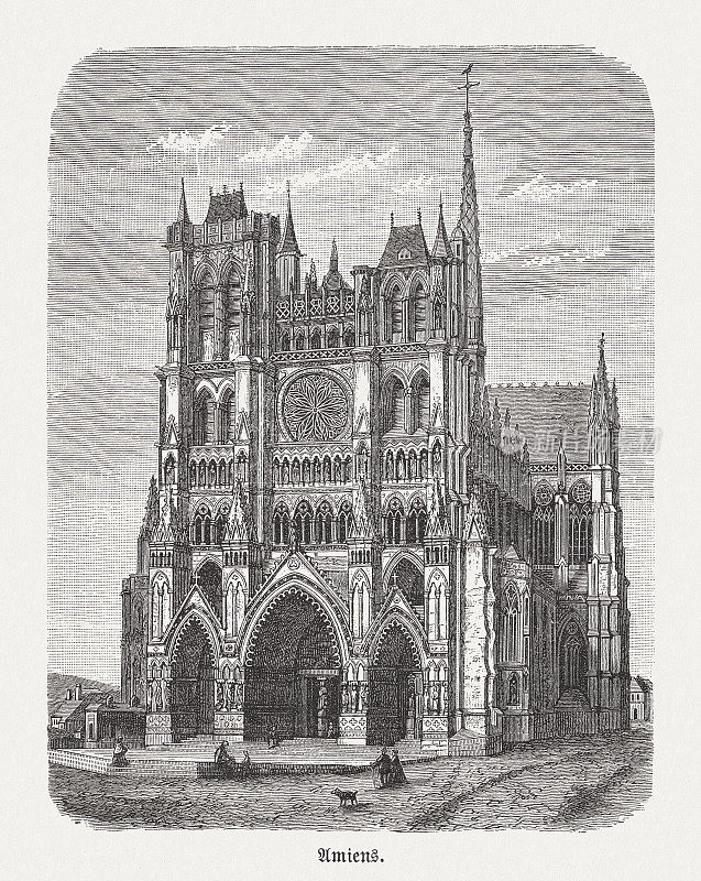 亚眠大教堂的历史观点，法国，木刻，1893年出版