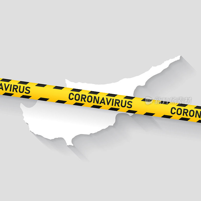 塞浦路斯地图与冠状病毒警告胶带。Covid-19爆发