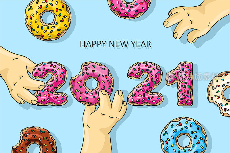 甜新年2021甜甜圈，男人拿着卡通甜甜圈，粉色，柠檬，蓝色薄荷釉，蓝色背景巧克力甜甜圈。题词新年快乐。贺卡
