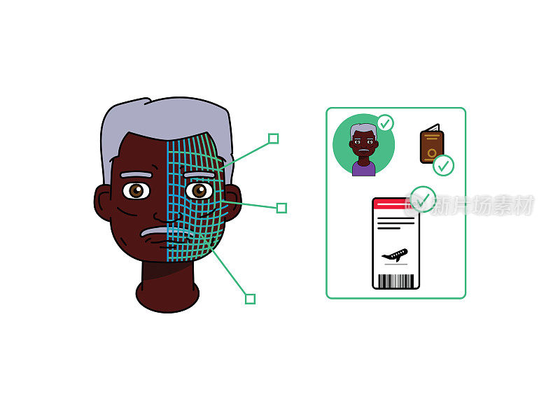 单身美国黑人老人使用面部识别和5G在机场办理登机手续。