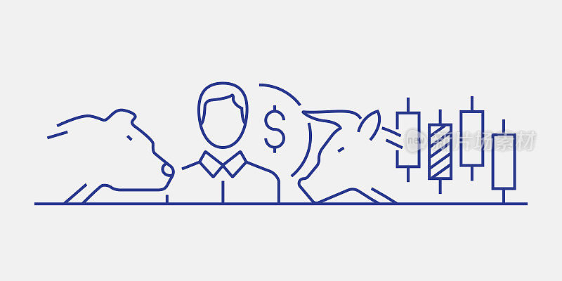 股票市场相关网站横幅线条风格。现代线性设计矢量插图的网站横幅,网站标题等。