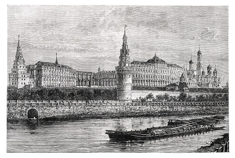 1870年俄罗斯莫斯科河克里姆林宫全景图