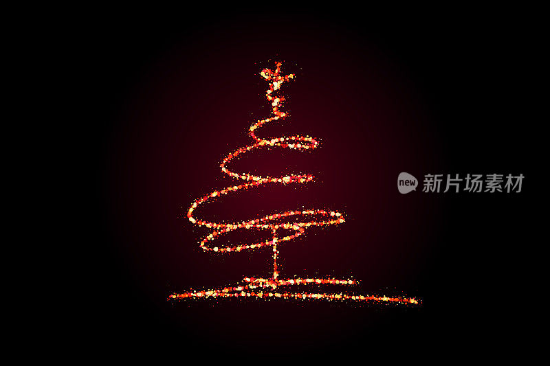风格化的圣诞树由红色和金色的灯在黑暗的背景。神奇的仙尘，闪耀的星尘。