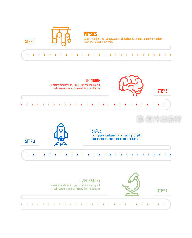 信息图表设计模板。空间，思考，空间，实验室图标与4个选项或步骤。