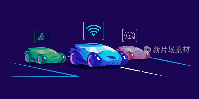 无人驾驶汽车平面彩色矢量插图。未来的自动驾驶车辆具有不同的自动化水平的蓝色背景。汽车在驾驶辅助，高和全自动化模式
