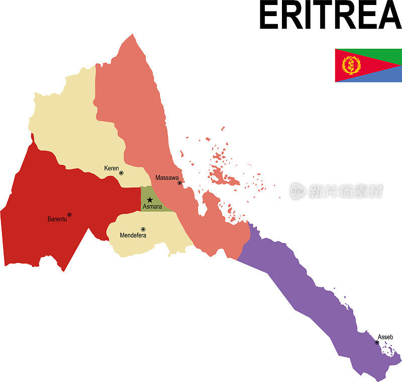 厄立特里亚彩色平面地图与旗帜