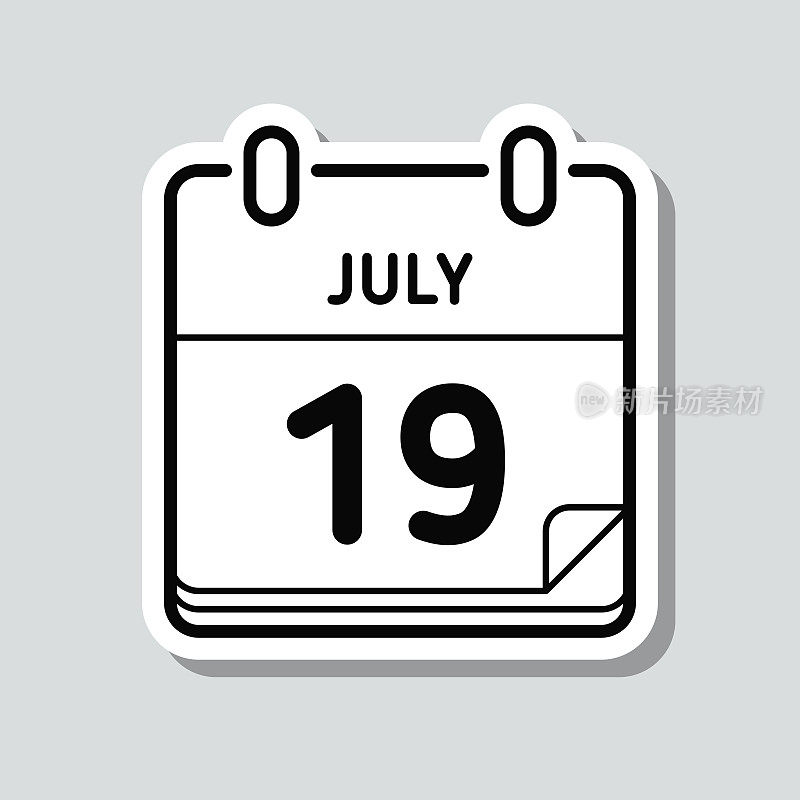 7月19日。灰色背景上的图标贴纸