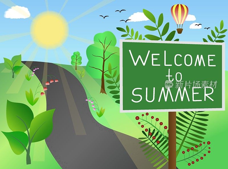 欢迎来到夏日路边的标志。矢量插图。夏季景观与绿色的草和植被和阳光