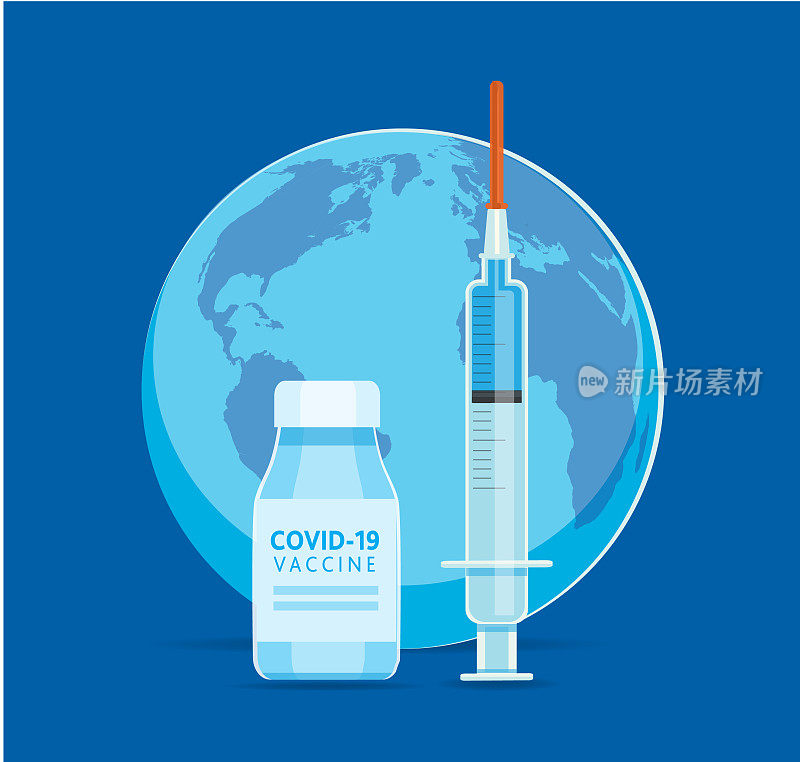 全球Covid-19流感病毒接种注射器、瓶子和以蓝色为背景的国家的地球仪