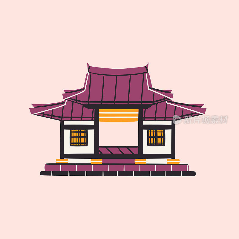韩屋亚洲建筑孤立矢量插图。传统韩国建筑设计元素。