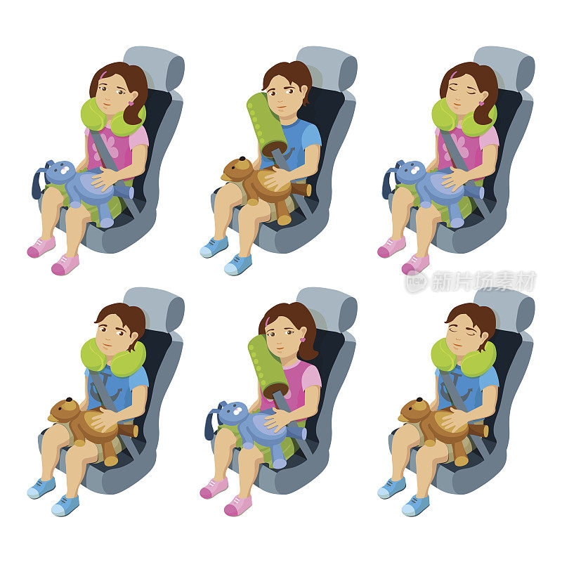 男孩和女孩坐在有安全带的汽车里。