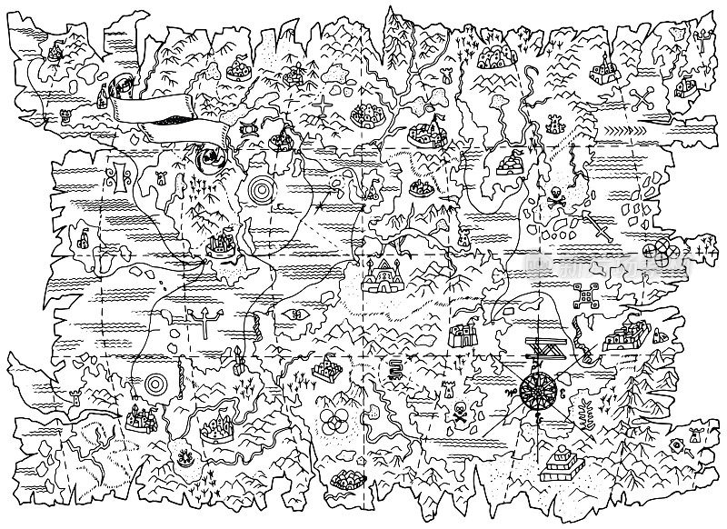 黑白插图的海盗地图的幻想土地