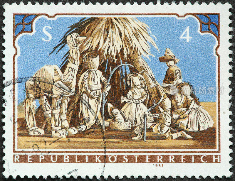 奥地利邮票上印有稻草和玉米壳的耶稣诞生场景