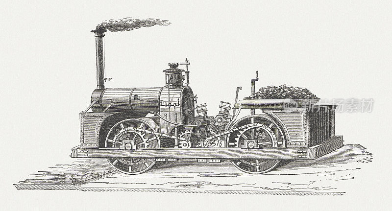 约翰·劳登·麦克亚当(1756-1836)的蒸汽压路机，木版，1876年出版