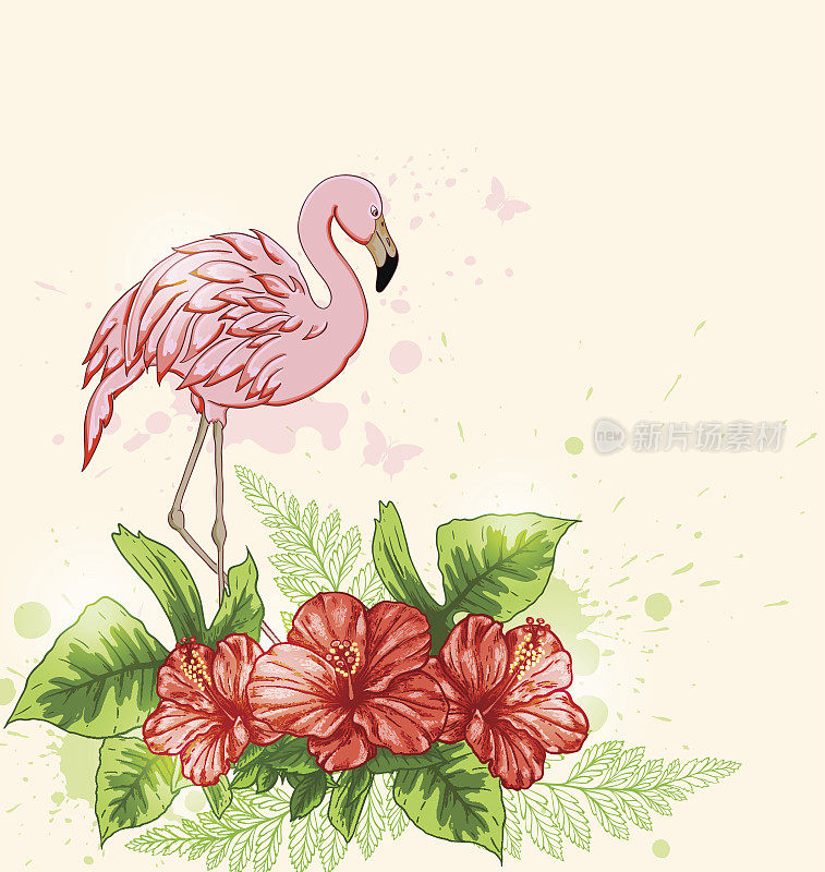 红色的花朵和粉红色的火烈鸟