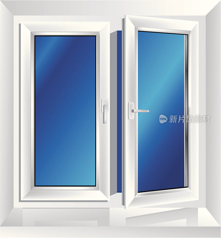 一扇白色的窗户，一边开着蓝色的玻璃