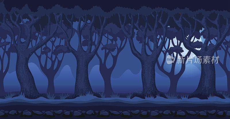 卡通森林在月色之夜的视频游戏背景