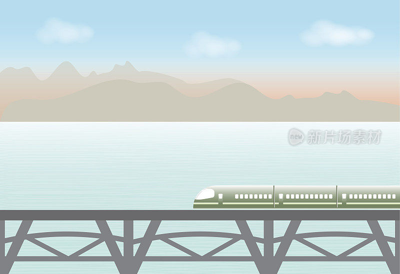 高速列车穿越湖泊和高山，以大自然为背景